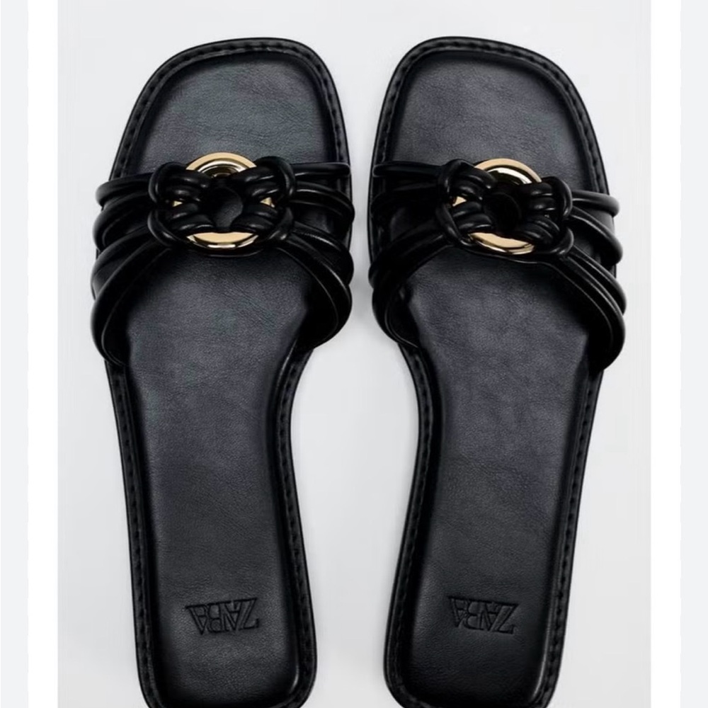 Zara Black Slide Sandals with Gold Ring Accent - Women's